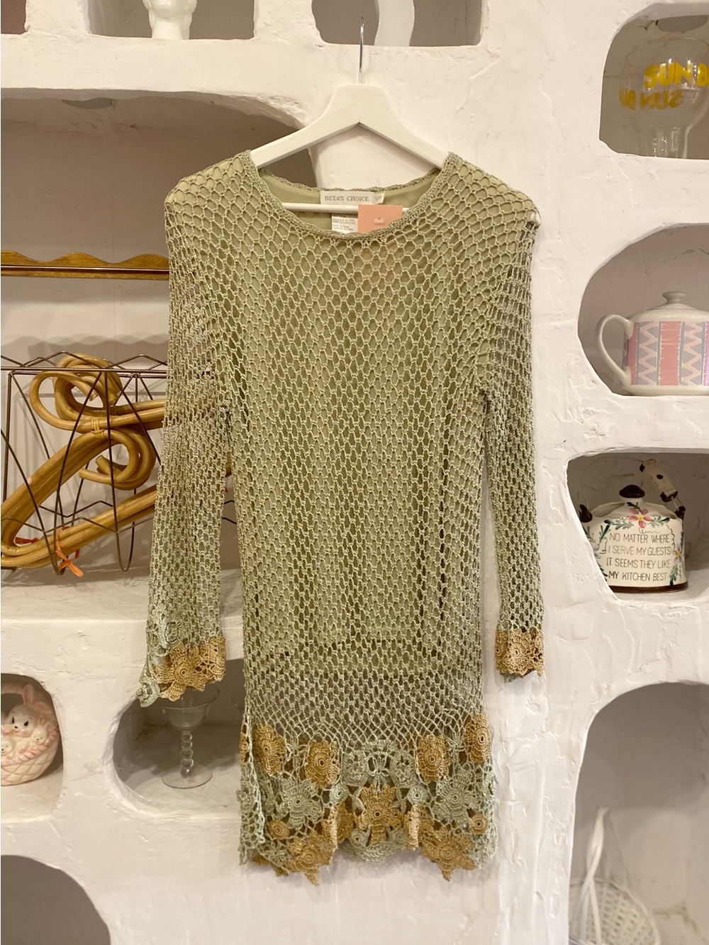 Light Green Sparkly Crochet Long Sleeve Tunic with Gold Floral Embroidered Trim